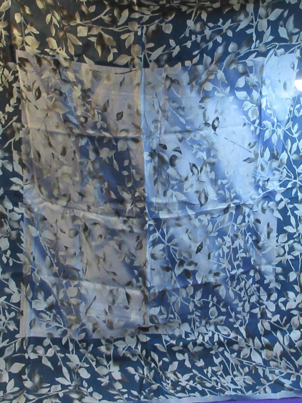 VNTG~BLUE BOTANICAL LEAVES & VINE FLORAL~LAYERED WATERCOLOR AESTHETIC SILK SCARF